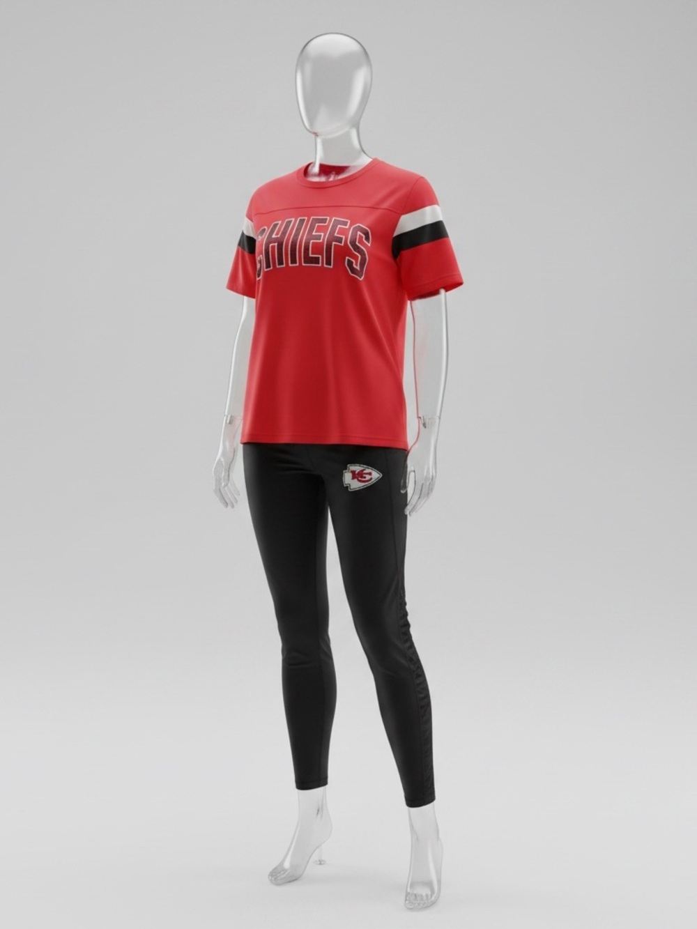 Woman’s Black Athletic Leggings with chiefs logo tee shirt.